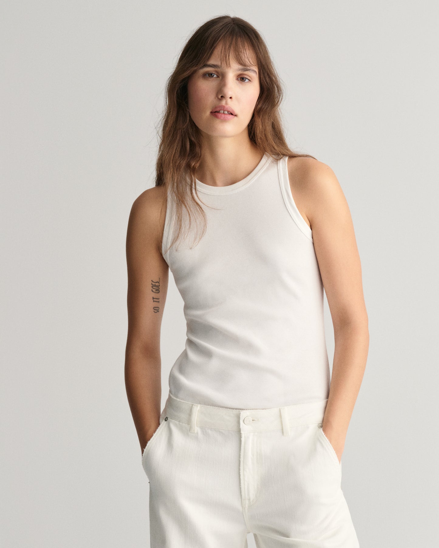 High Neck Ribbed Tank Top - White