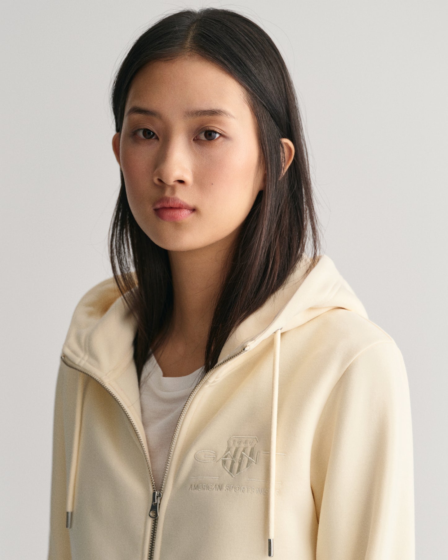 Tonal Shield Zip Hoodie - Linen