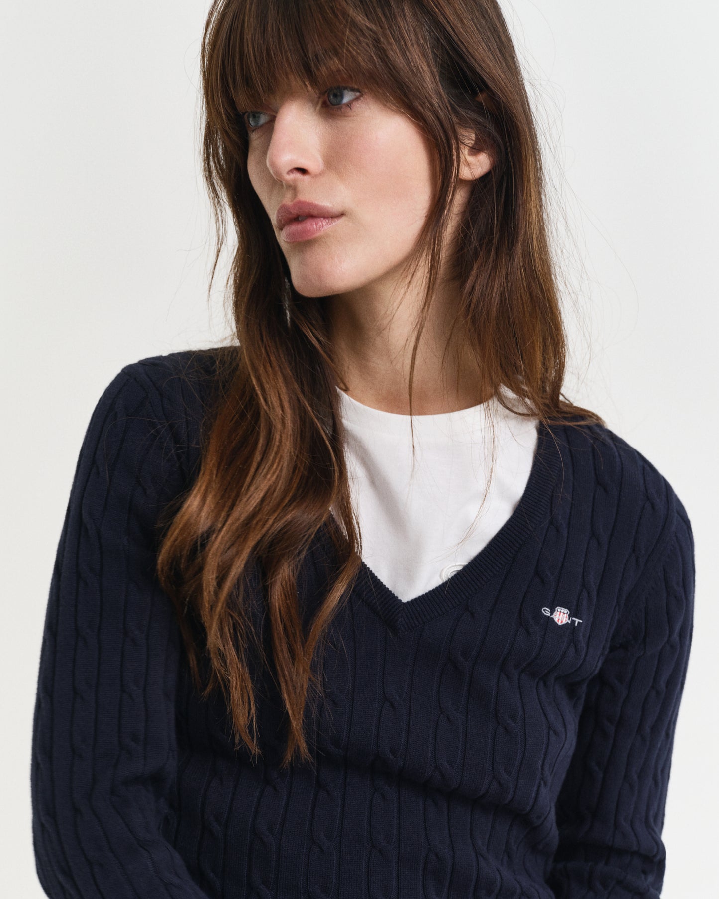 Stretch Cotton Cable Knit V-Neck Sweater - Evening Blue