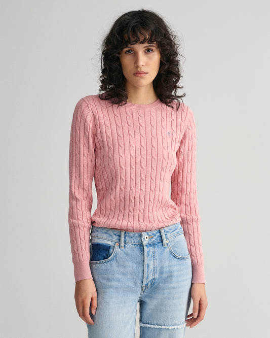Stretch Cotton Cable Knit Crew Neck Sweater - Autumn Sunset