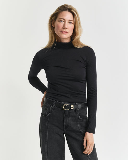 Lightweight Cotton Turtleneck Top - Black