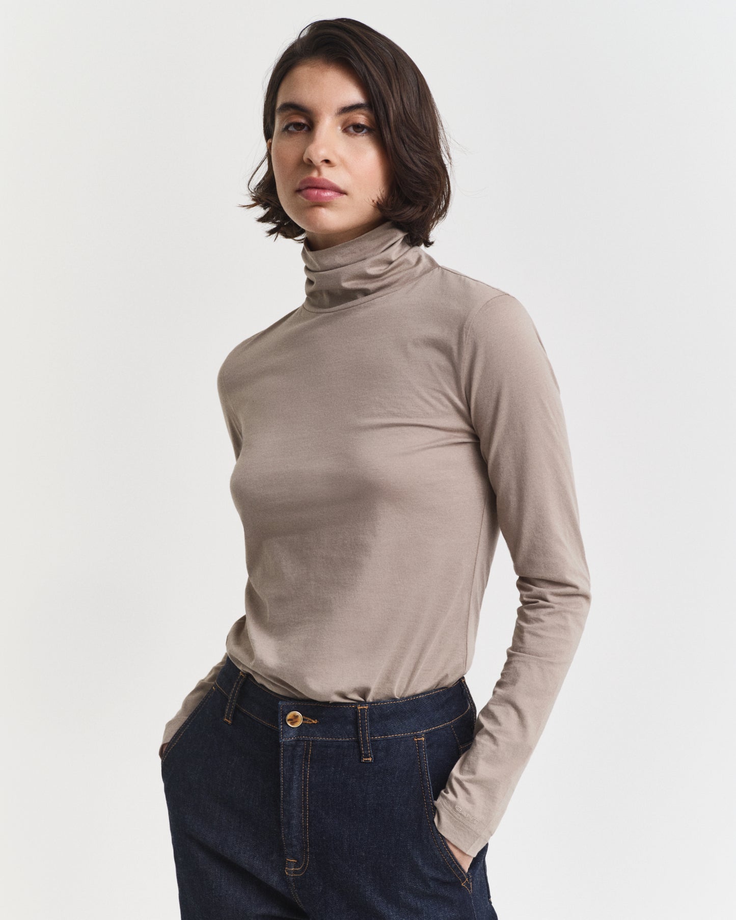 Lightweight Cotton Turtleneck Top - Taupe Beige