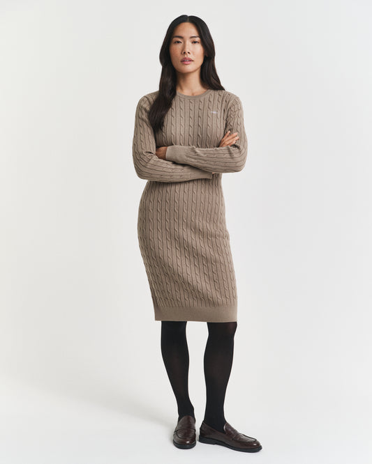 Stretch Cotton Cable Knit Crew Neck Dress - Taupe Beige