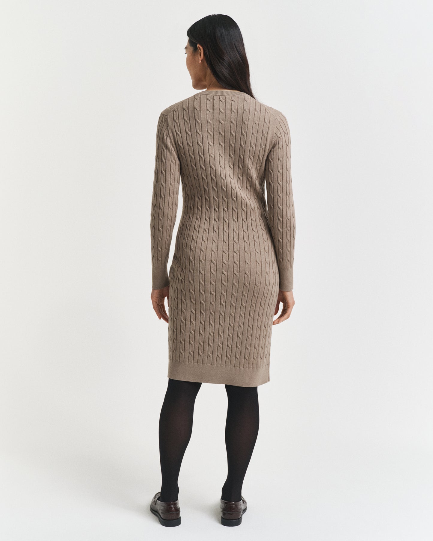 Stretch Cotton Cable Knit Crew Neck Dress - Taupe Beige