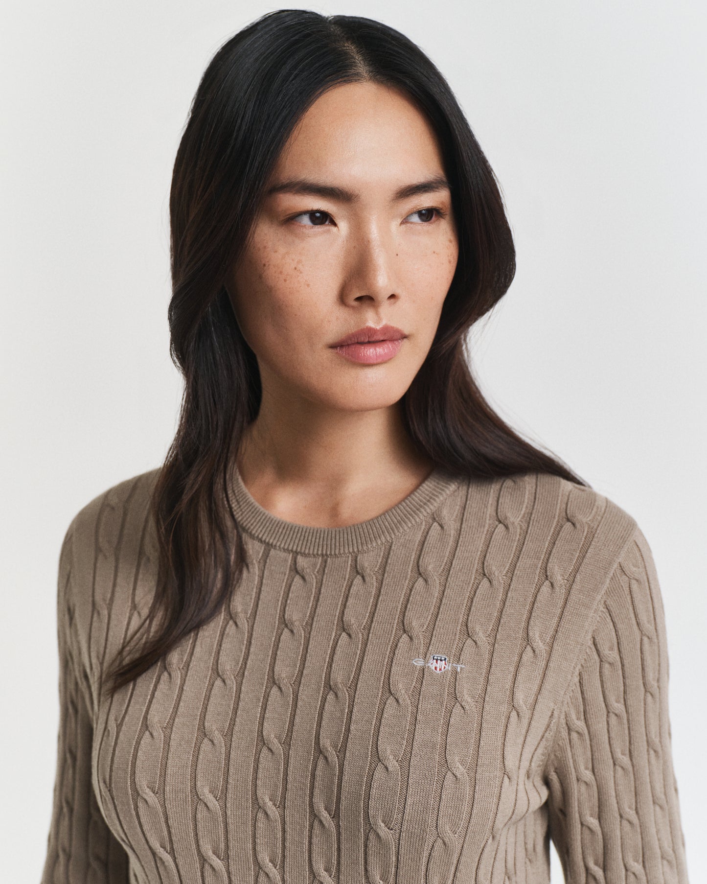 Stretch Cotton Cable Knit Crew Neck Dress - Taupe Beige