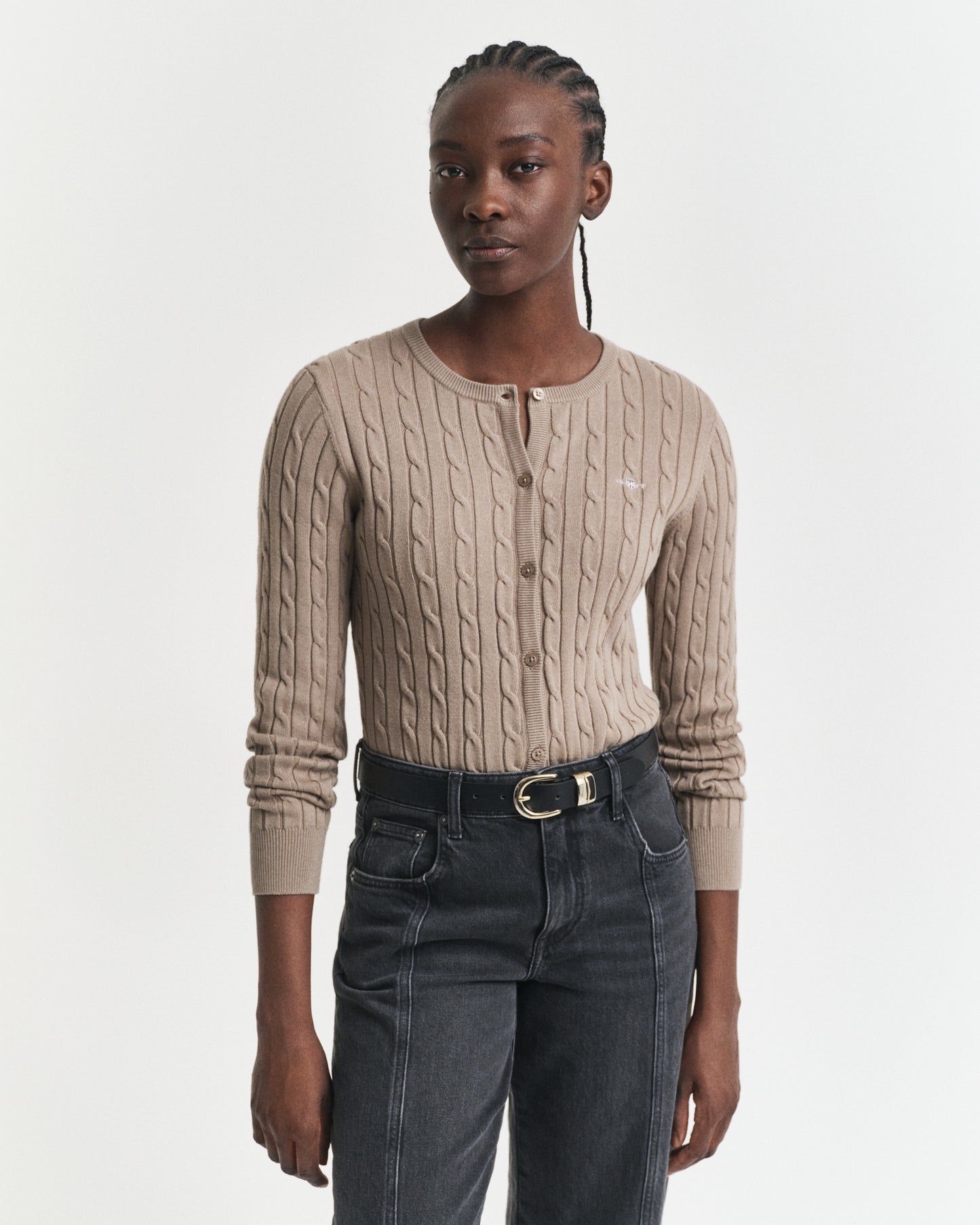 Stretch Cotton Cable Knit Cardigan - Taupe Beige