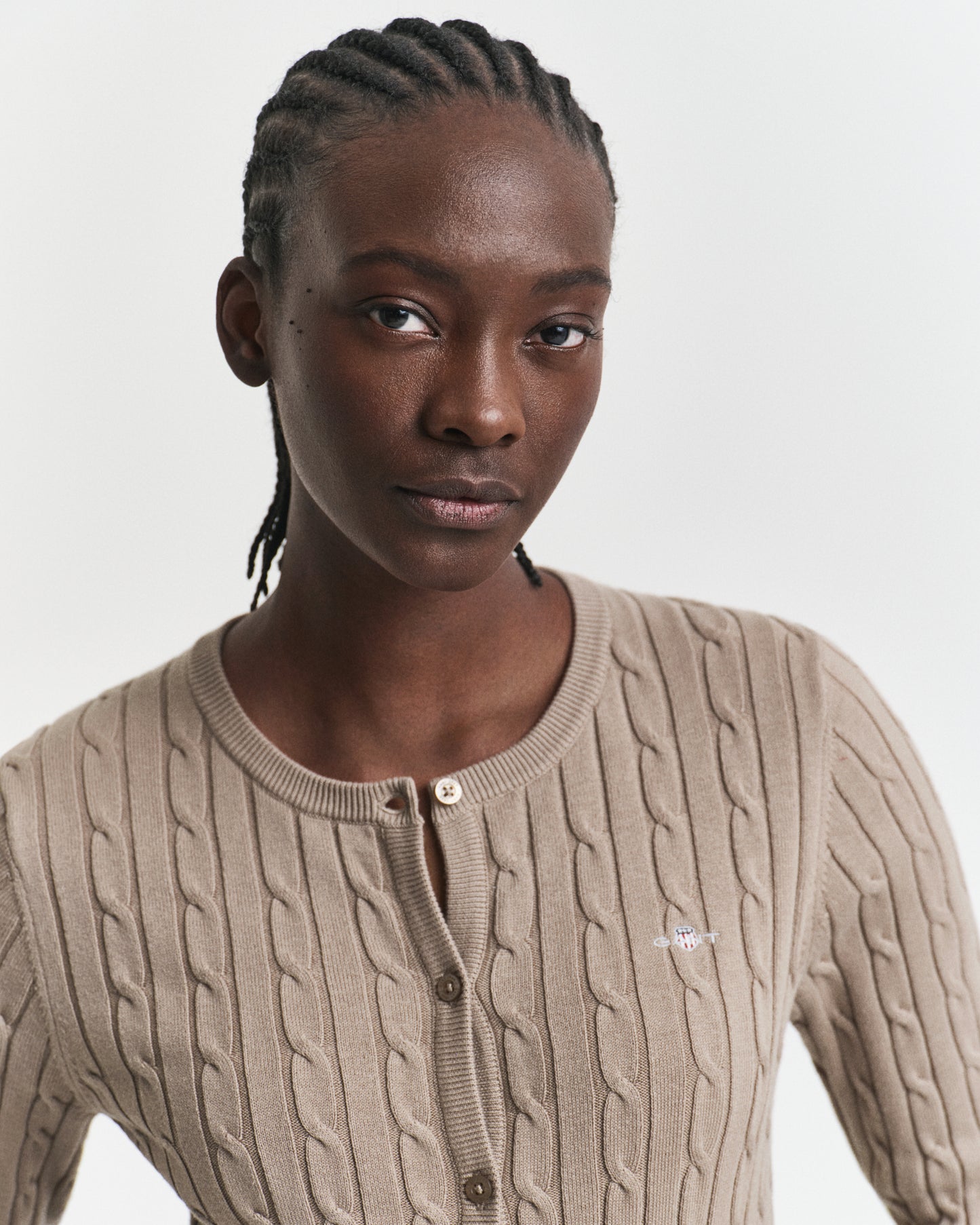 Stretch Cotton Cable Knit Cardigan - Taupe Beige