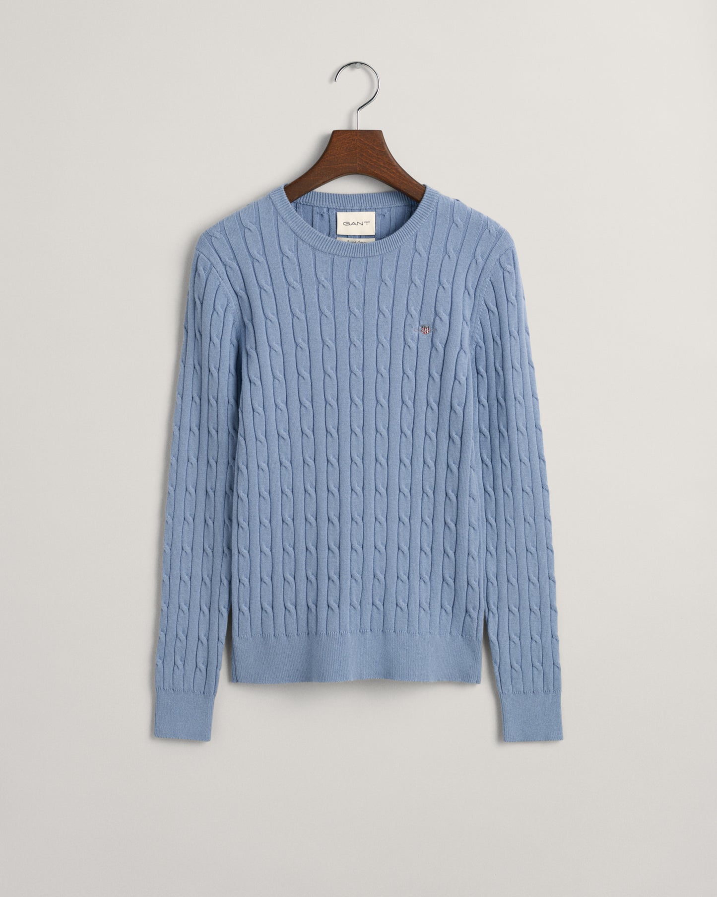 Stretch Cotton Cable Knit Crew Neck Sweater - Blue Water