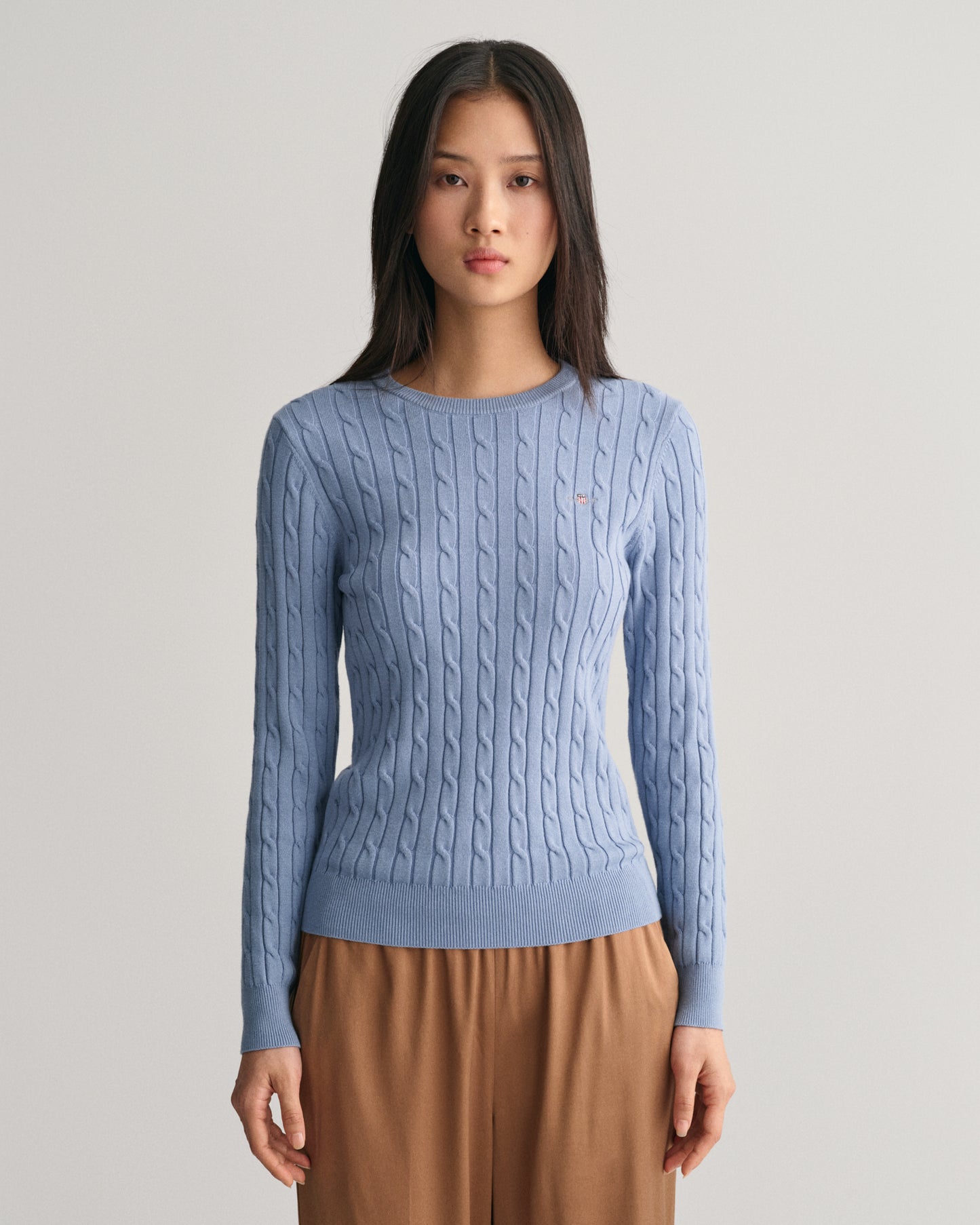 Stretch Cotton Cable Knit Crew Neck Sweater - Blue Water