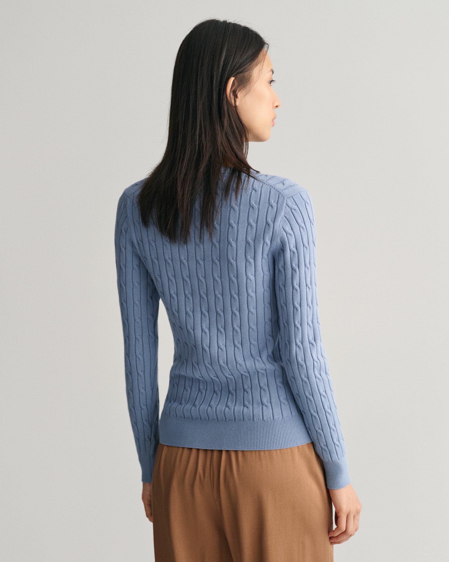 Stretch Cotton Cable Knit Crew Neck Sweater - Blue Water