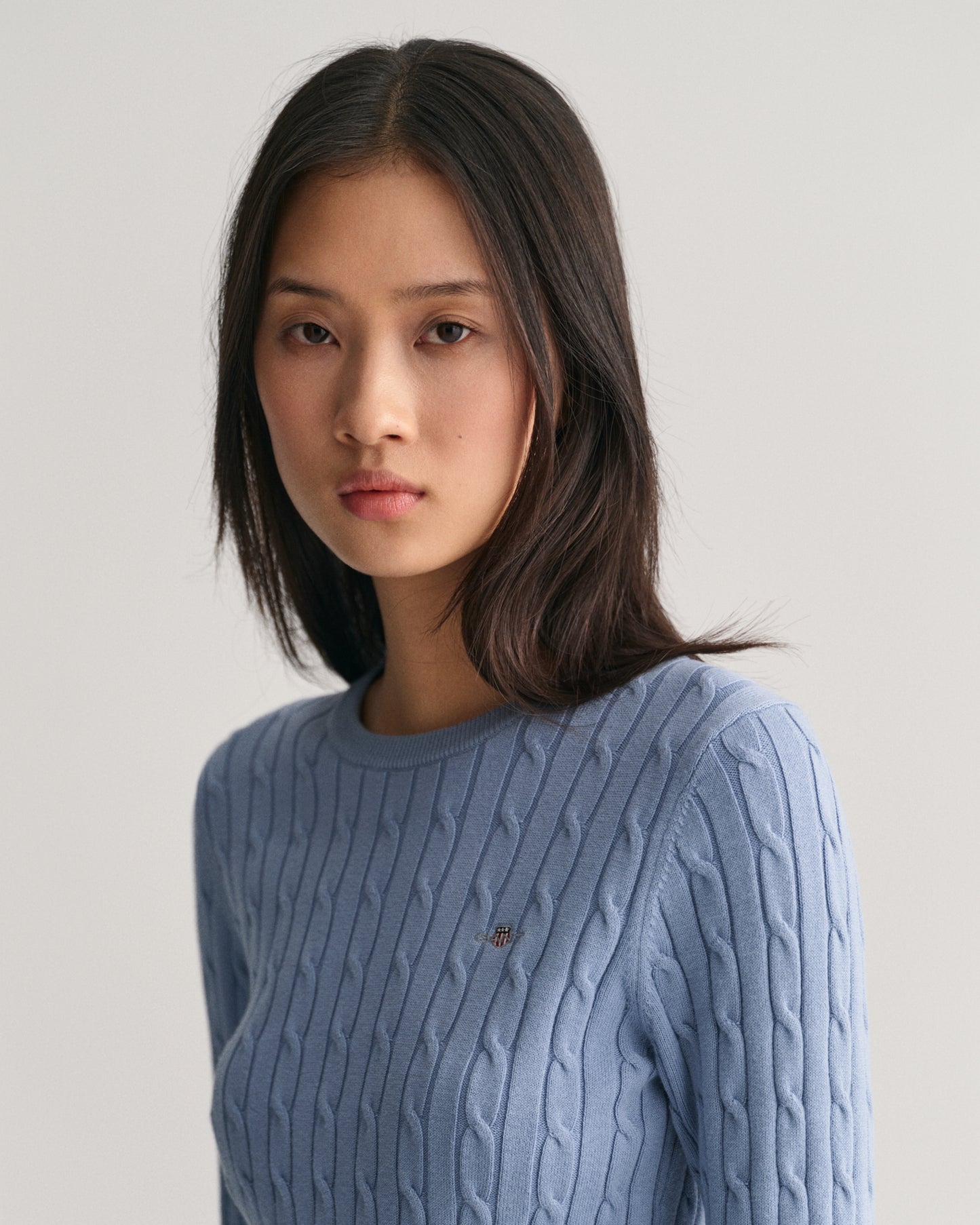 Stretch Cotton Cable Knit Crew Neck Sweater - Blue Water