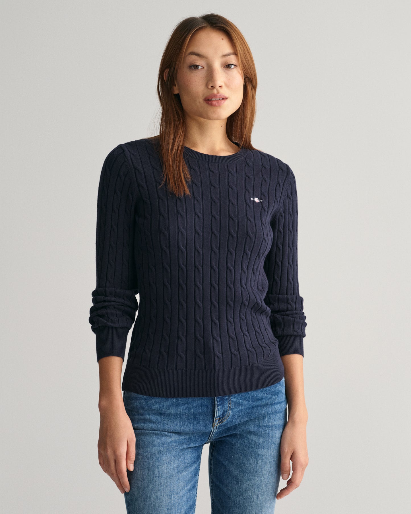 Stretch Cotton Cable Knit Crew Neck Sweater - Evening Blue