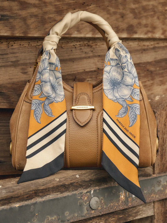 Mannington Twill Silk Scarf - Off White/Navy/Orange