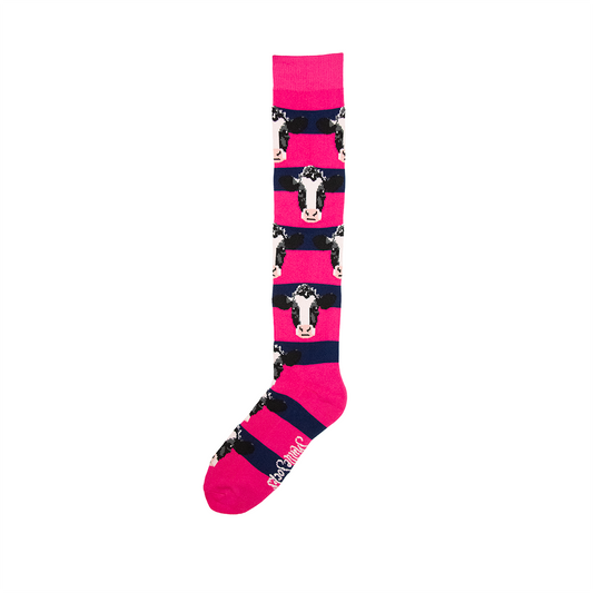 Hot Pink & Navy Long Cow Welly Socks - Adult