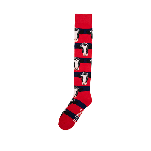 Red & Navy Long Cow Welly Socks - Adult