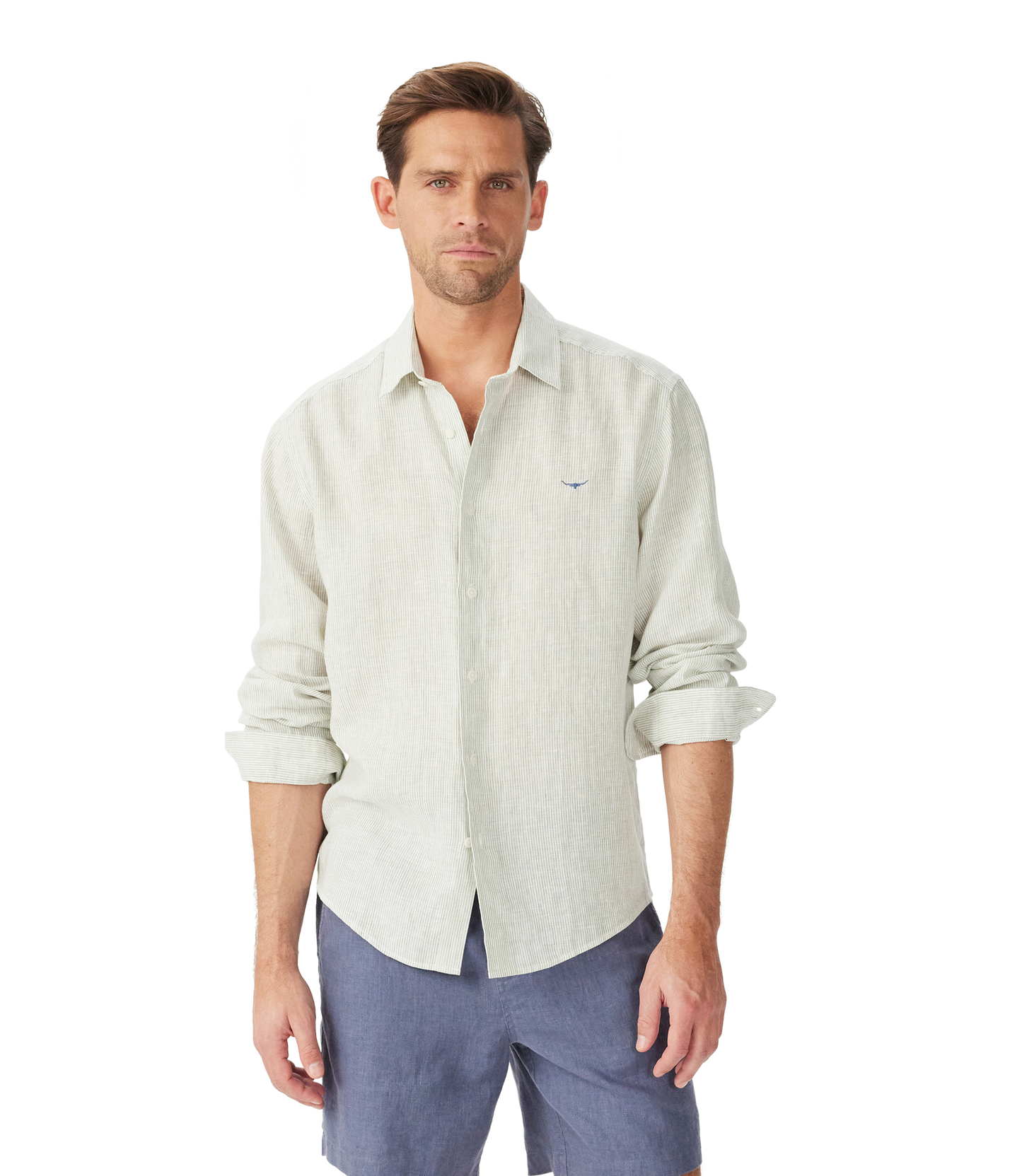 Stephens Regular Linen Shirt - White & Green Stripe