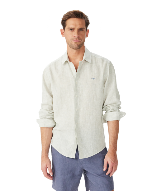 Stephens Regular Linen Shirt - White & Green Stripe