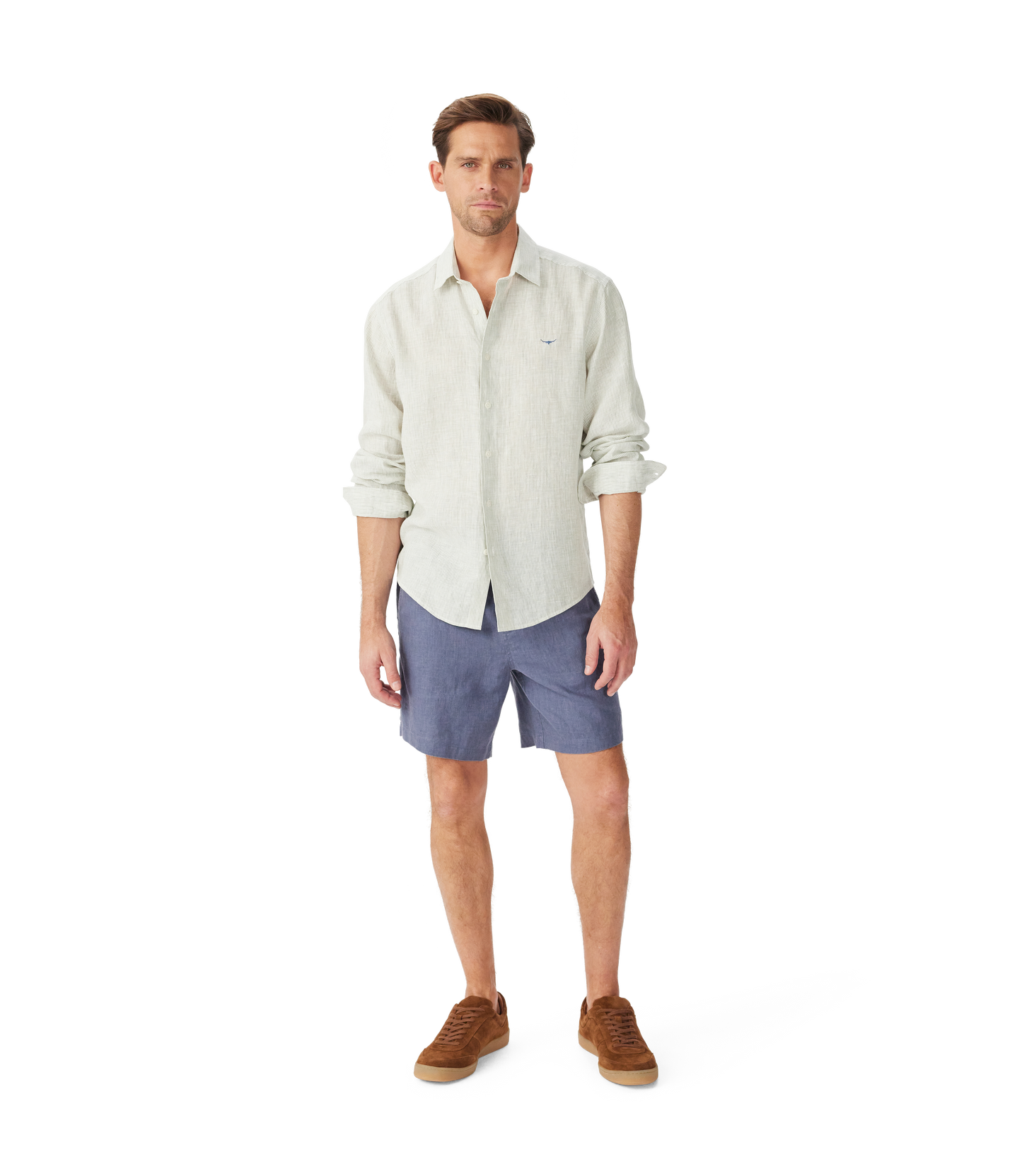 Stephens Regular Linen Shirt - White & Green Stripe
