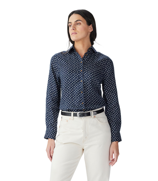 Olney Print Linen Shirt - Navy