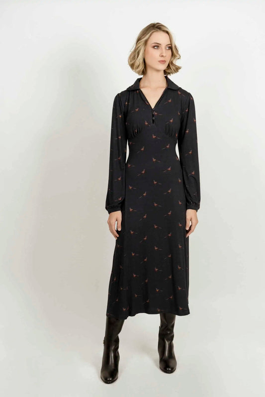 Sally Dress - Navy Embroidered Pheasants
