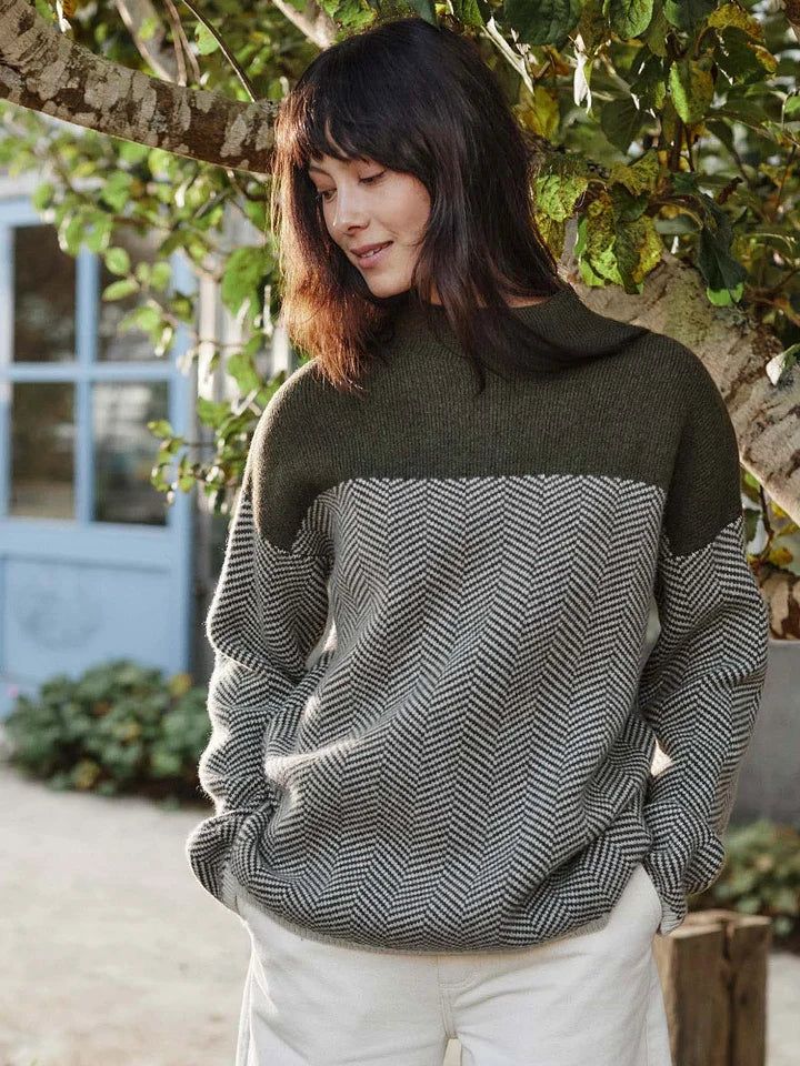 Felted Funnel Neck Jumper - Moss Chevron