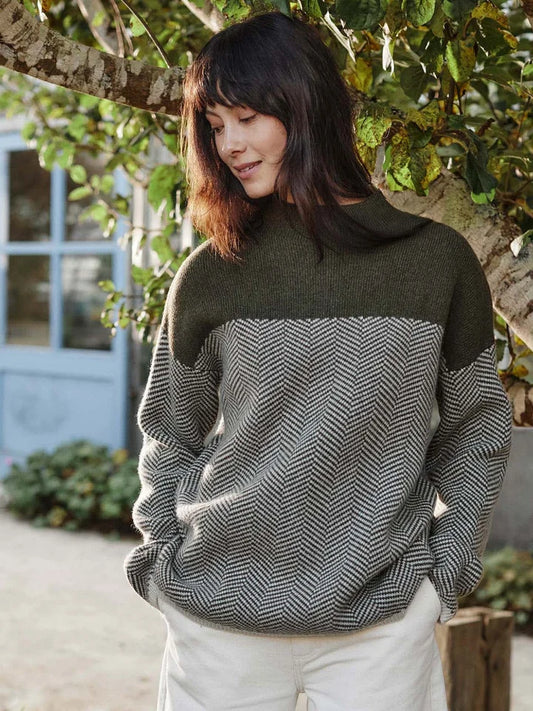 Felted Funnel Neck Jumper - Moss Chevron