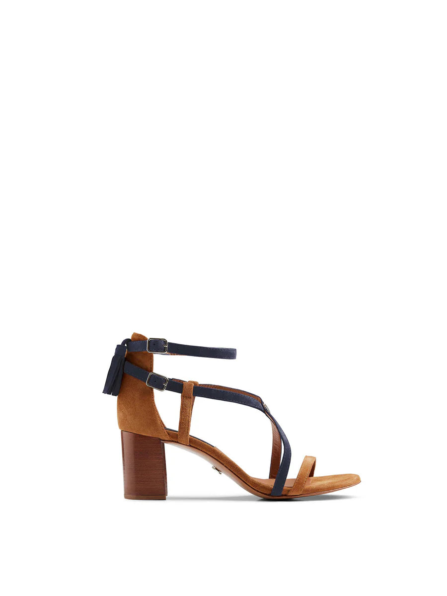 Heeled Brancaster Sandal - Tan/Navy Suede LAST PAIR