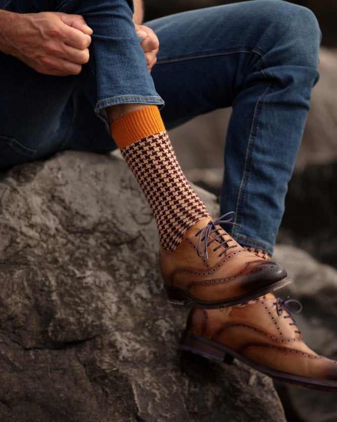 Houndstooth Short Socks - Ochre