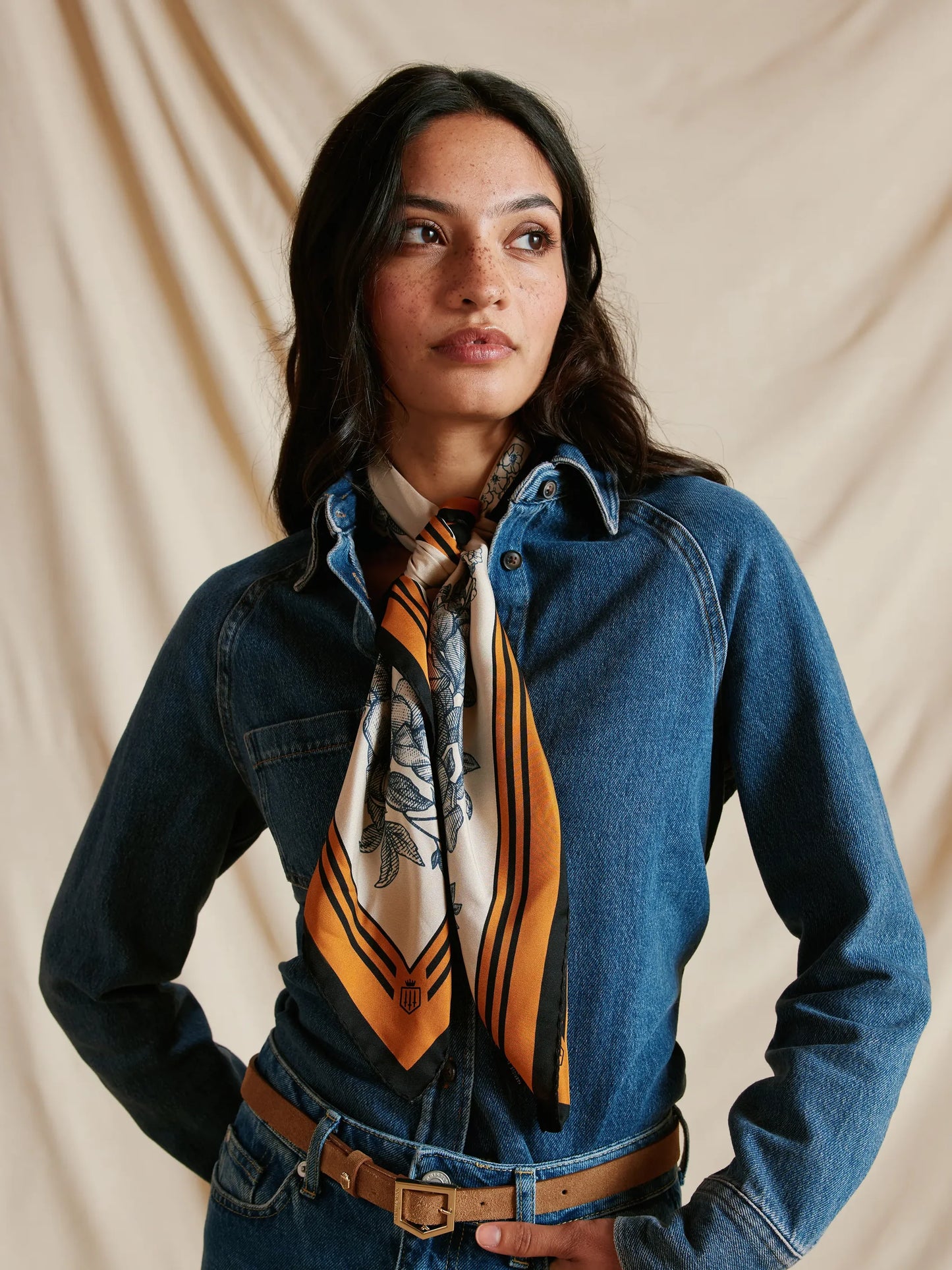 Mannington Silk Scarf - Off White/Navy/Orange