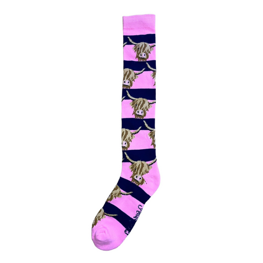 Pink & Navy Long Highland Cow Welly Socks - Adult