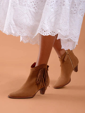 Fringed Regina Ankle Boot - Tan Suede