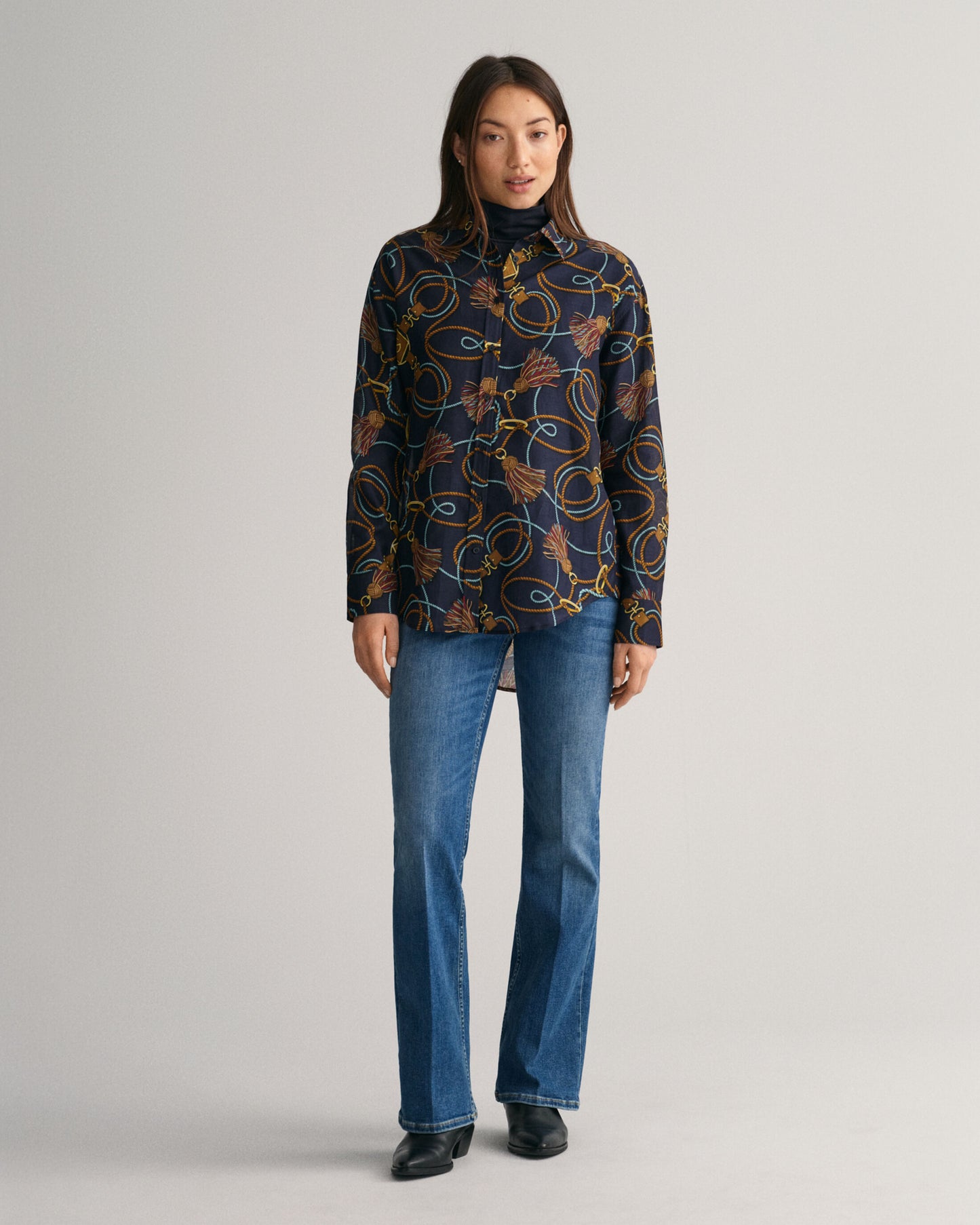 Relaxed Fit Rope Print Cotton Silk Shirt - Evening Blue