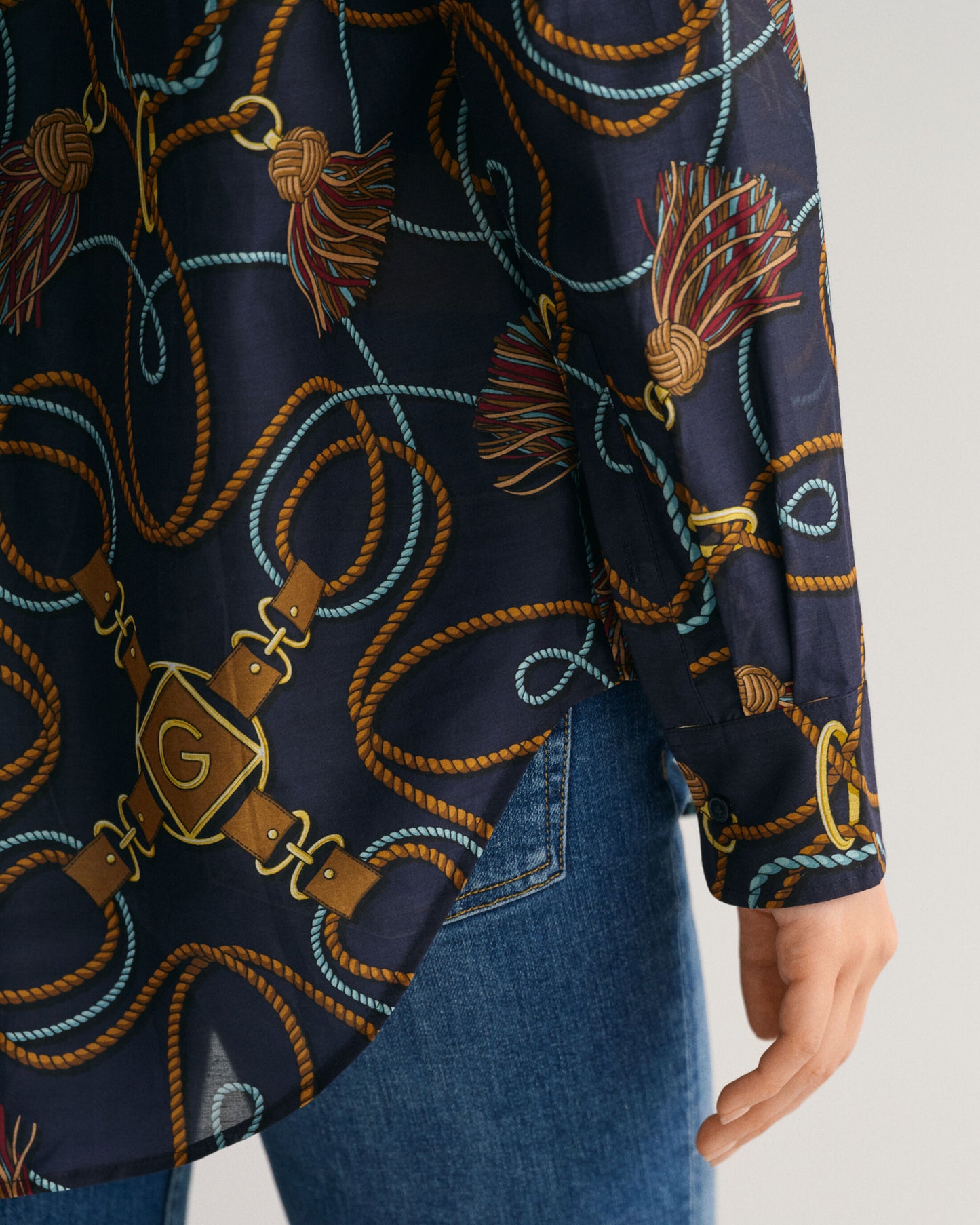 Relaxed Fit Rope Print Cotton Silk Shirt - Evening Blue