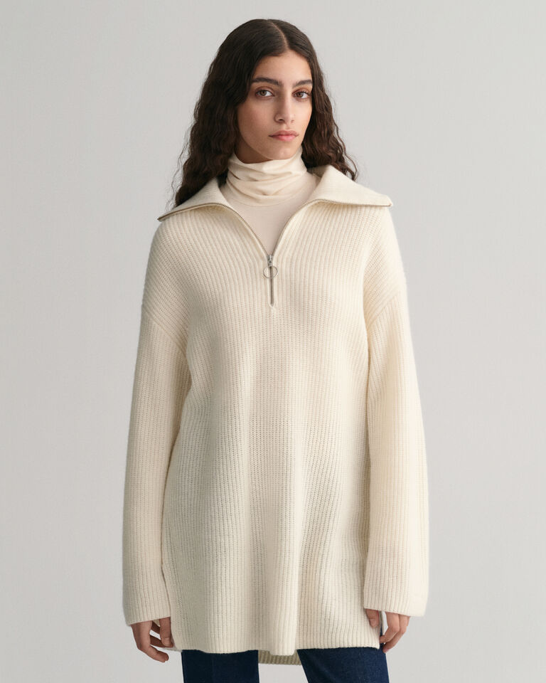 Ribbed Wool Half Zip Sweater - Cream