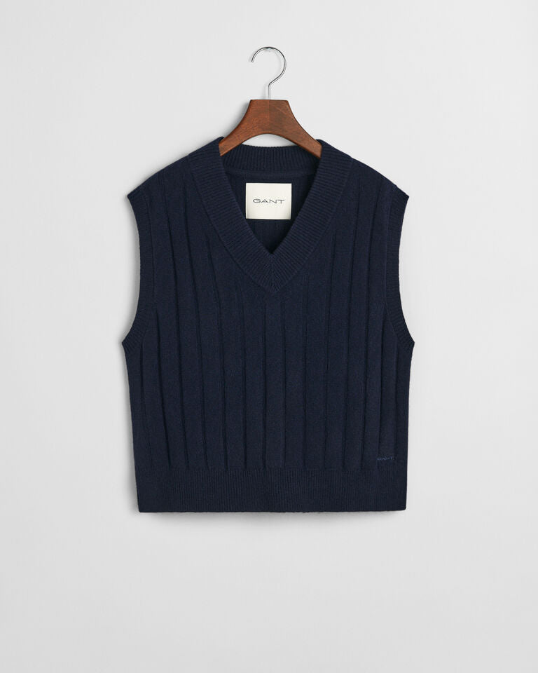 Wide Ribbed Wool V-Neck Sweater Vest - Evening Blue