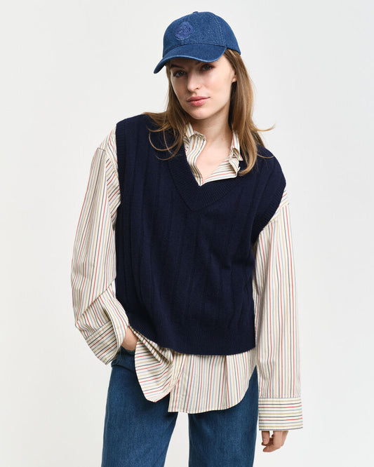 Wide Ribbed Wool V-Neck Sweater Vest - Evening Blue