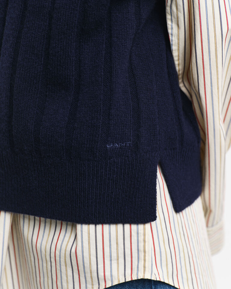 Wide Ribbed Wool V-Neck Sweater Vest - Evening Blue