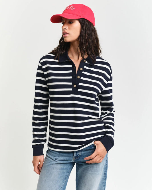 Breton Striped Long Sleeve Piqué Polo Shirt - Evening Blue