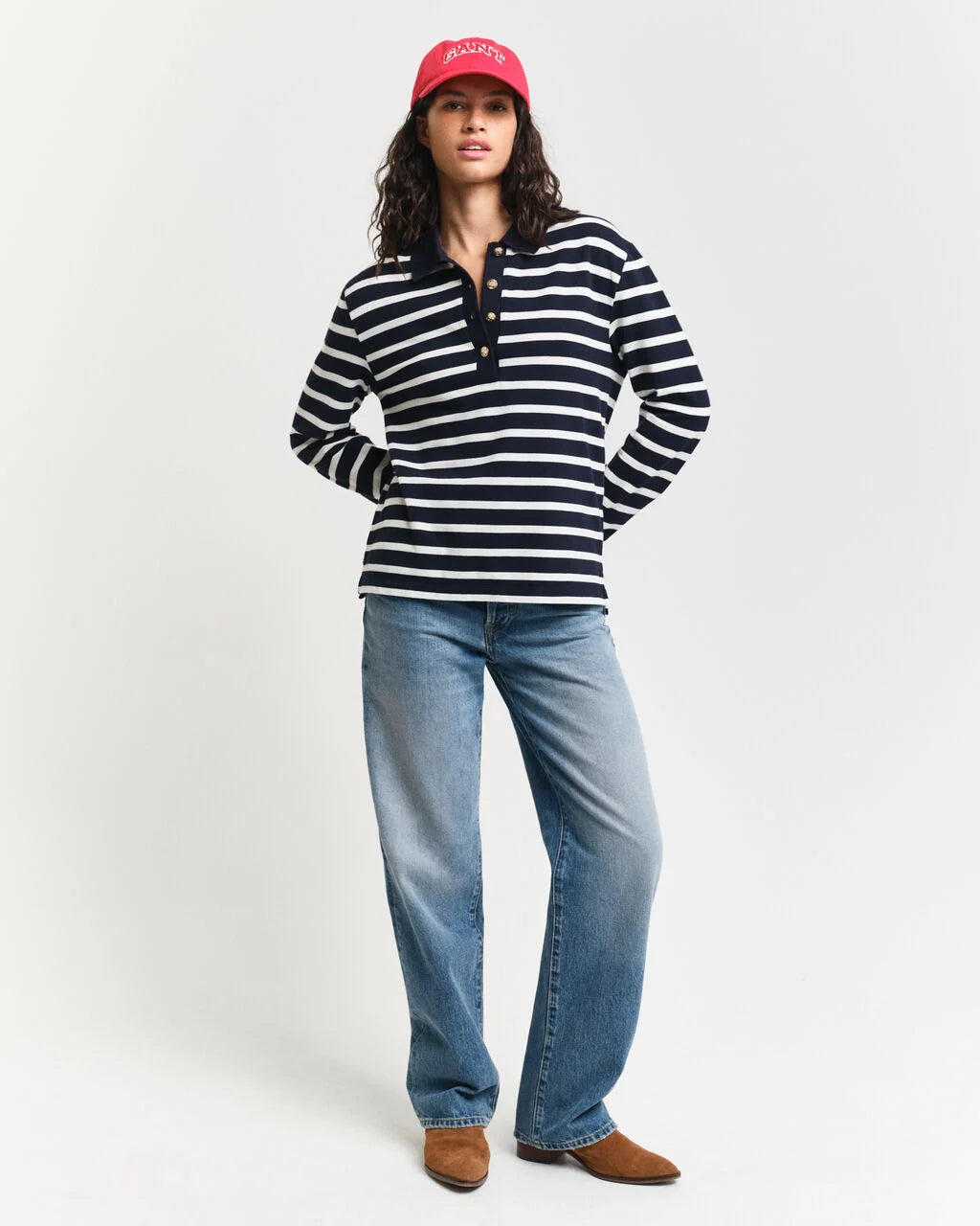 Breton Striped Long Sleeve Piqué Polo Shirt - Evening Blue