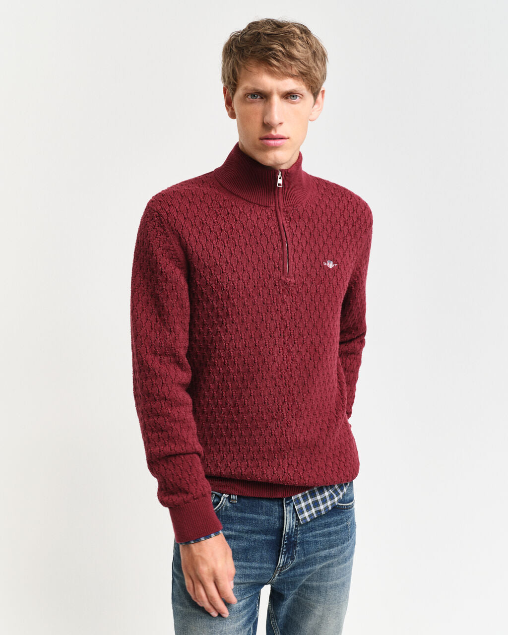 Textured Cotton Half-Zip Sweater - Plumped Red