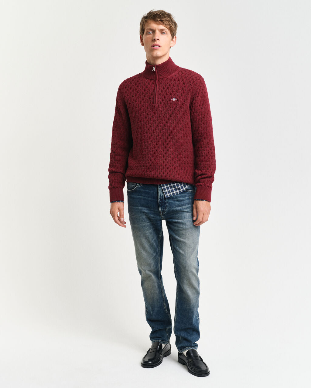 Textured Cotton Half-Zip Sweater - Plumped Red