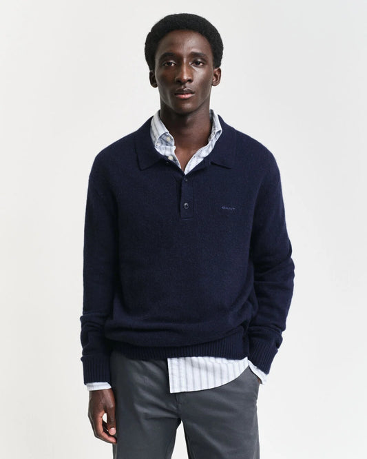 Wool Blend Polo Sweater - Evening Blue