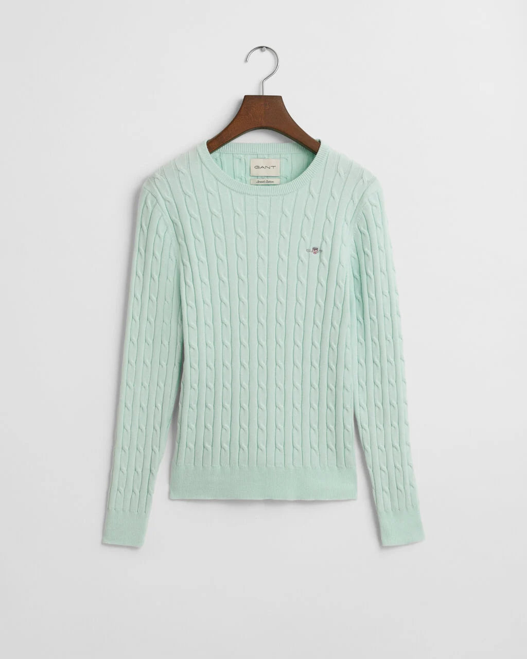 Stretch Cotton Cable Knit Crew Neck Sweater - Faded Mint