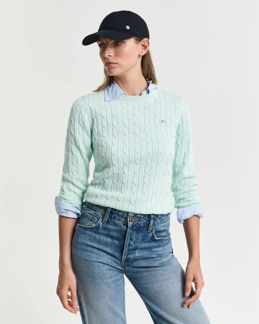 Stretch Cotton Cable Knit Crew Neck Sweater - Faded Mint