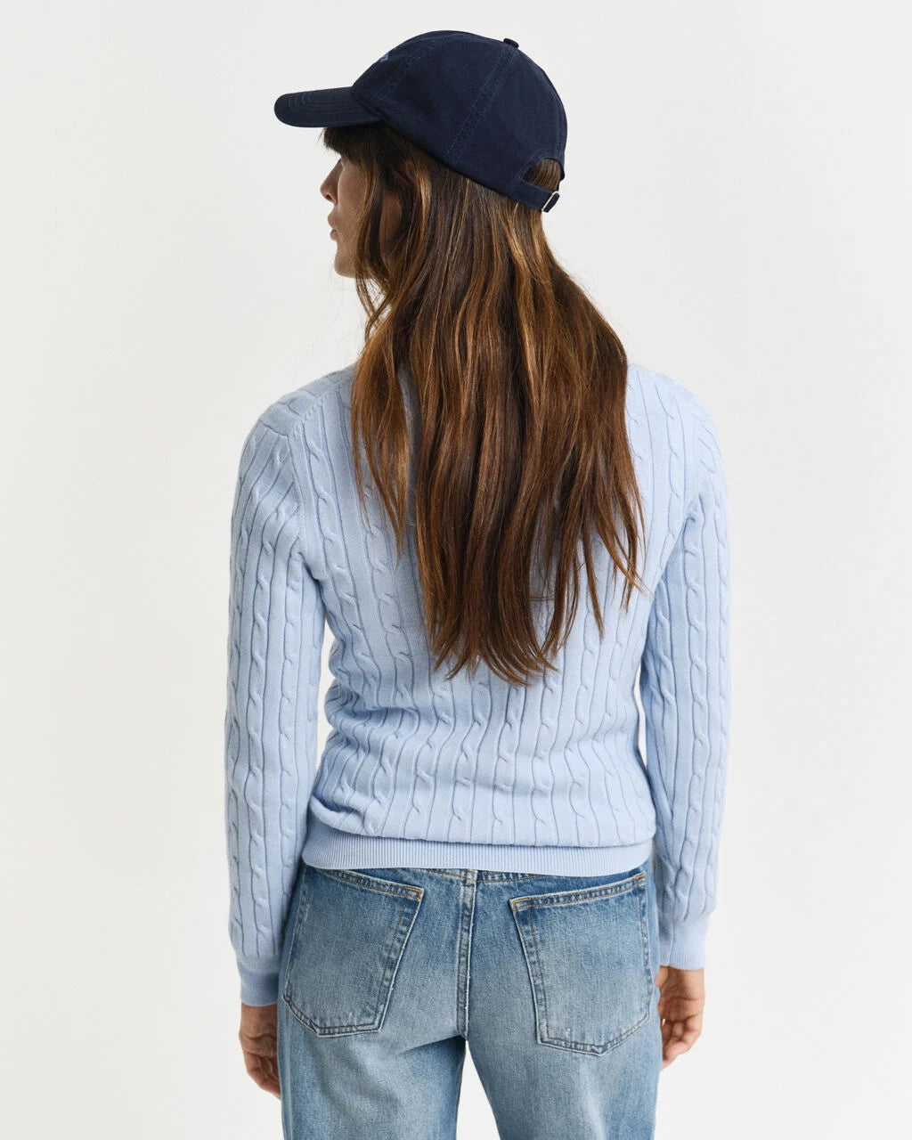 Stretch Cotton Cable Knit Crew Neck Sweater - Fresh Blue