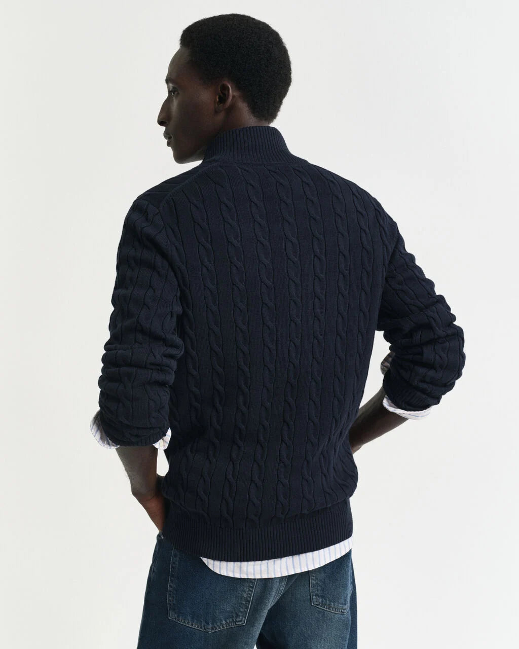 Cotton Cable Knit Half-Zip Sweater - Evening Blue