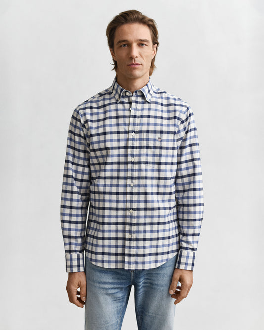 Regular Fit Oxford Check Shirt - Faded Denim