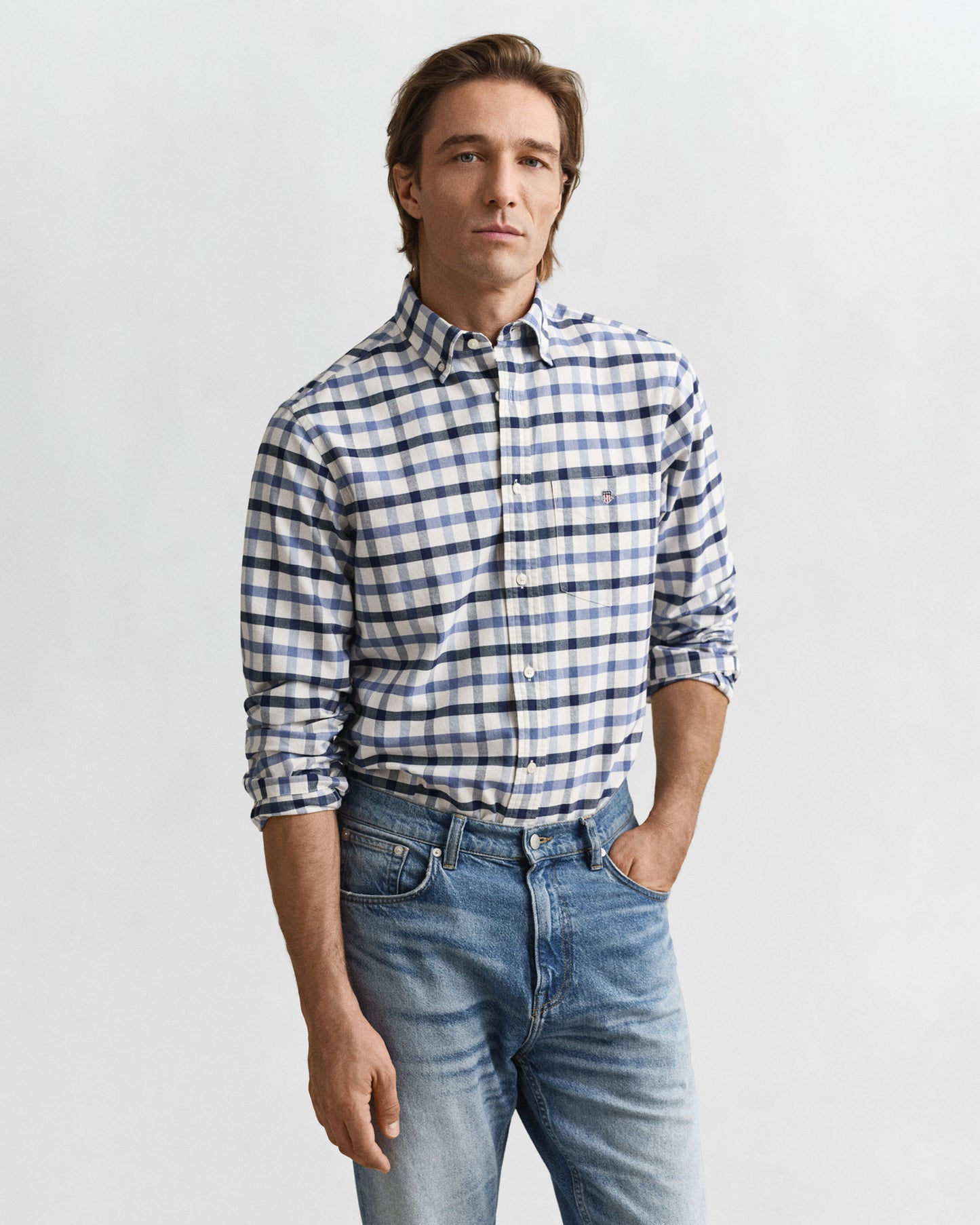 Regular Fit Oxford Check Shirt - Faded Denim