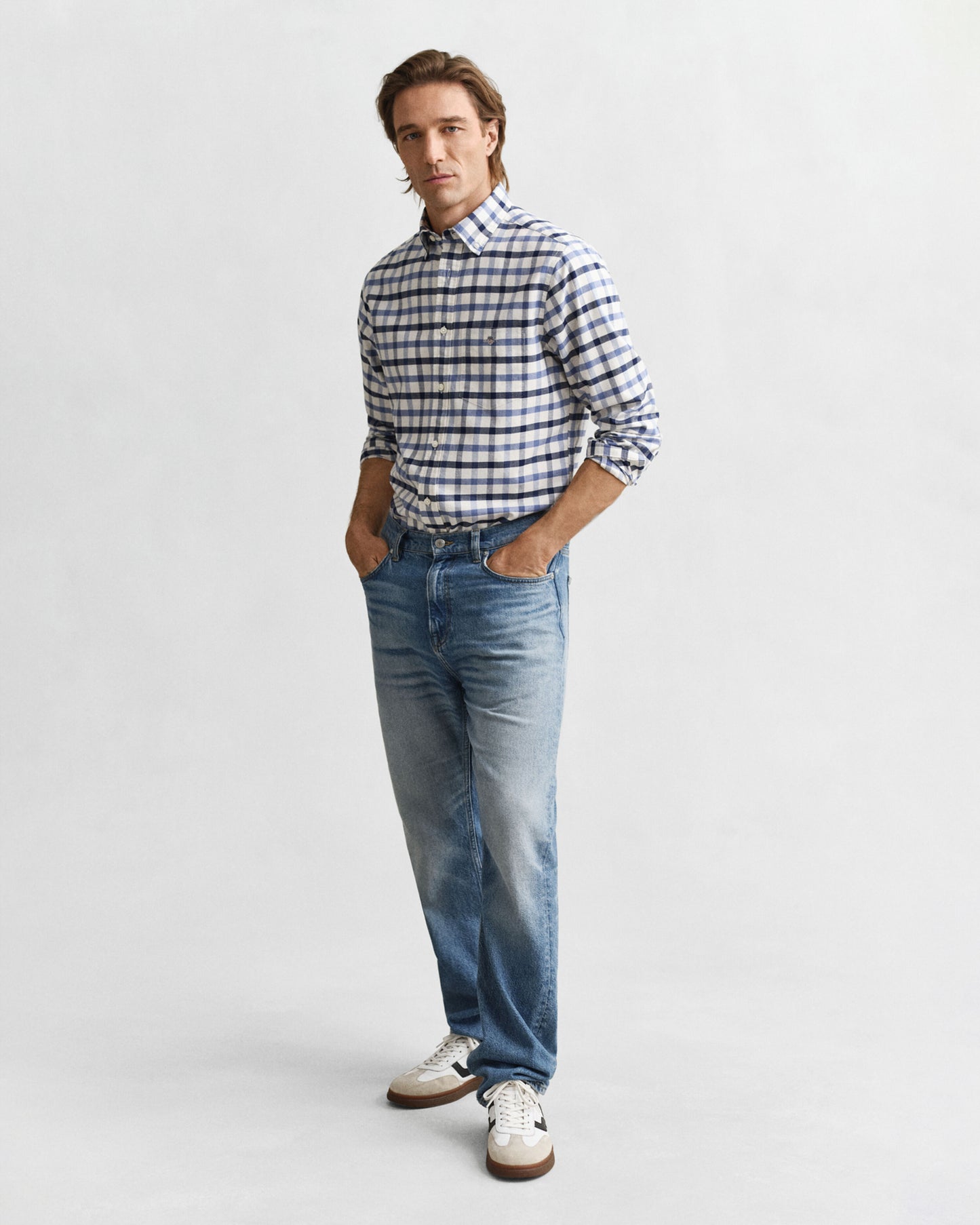 Regular Fit Oxford Check Shirt - Faded Denim